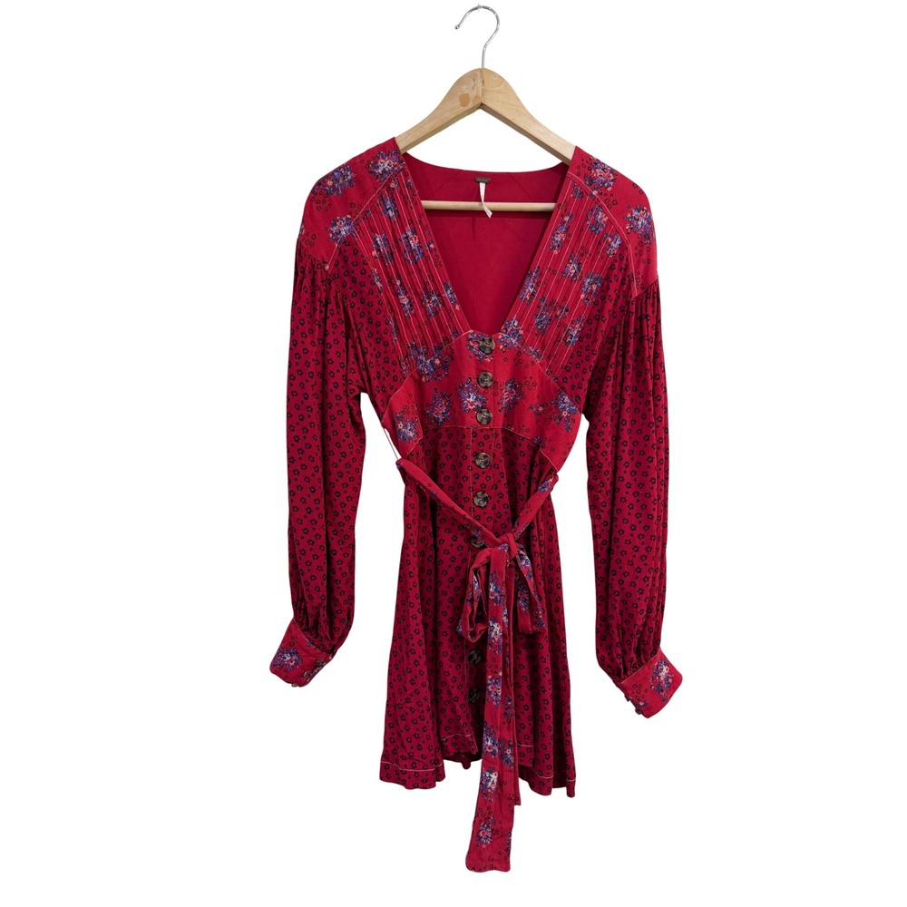 Free People Red Floral Mini Dress Long Sleeve Button Down V-Neck Boho Small